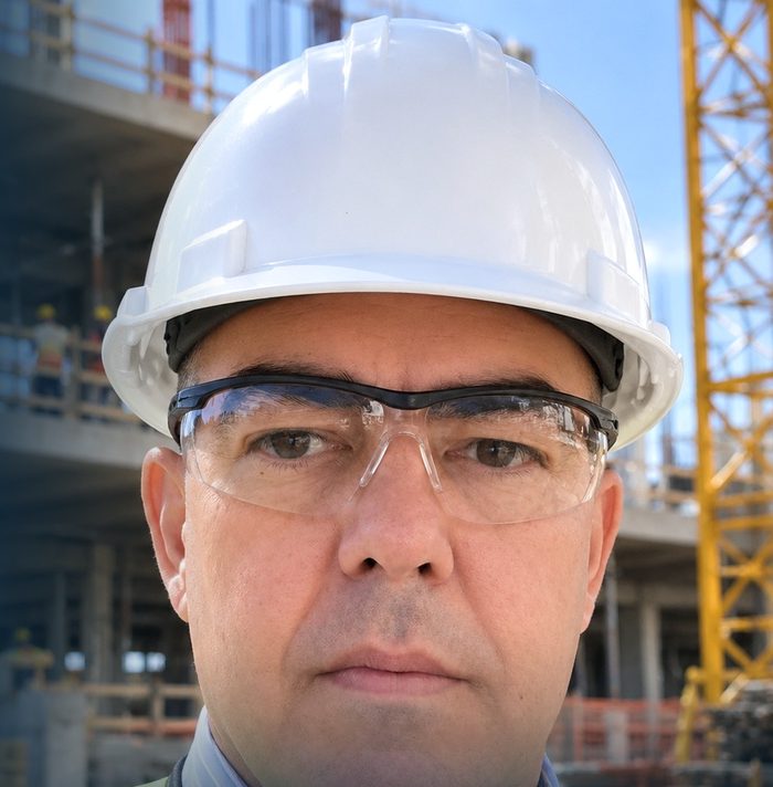 Sebastián Campos con casco y anteojos de seguridad en una obra