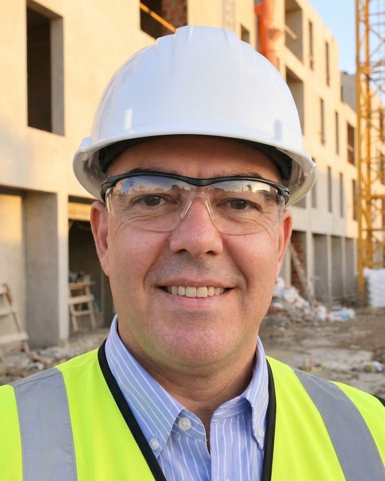 Retrato de Sebastián Campos con casco blanco